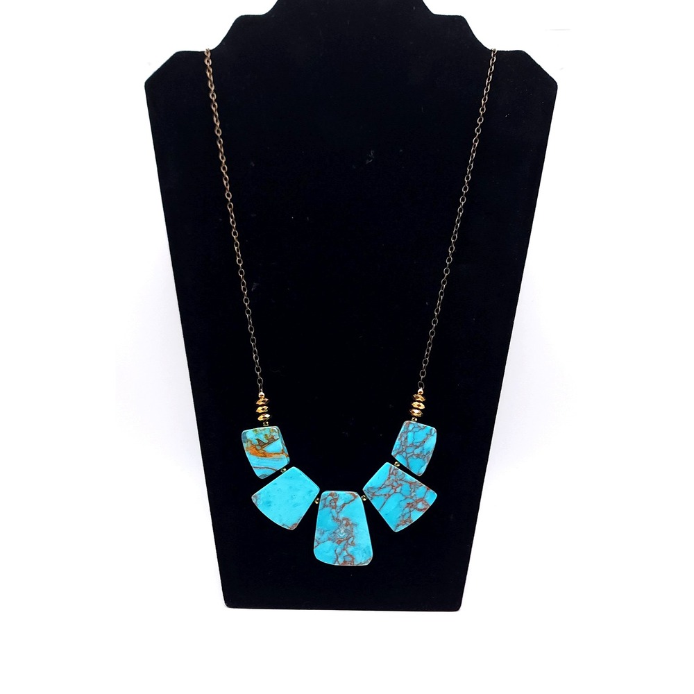 BPD Faux Turquoise Statement Necklace Bronze Tone Signed 36in